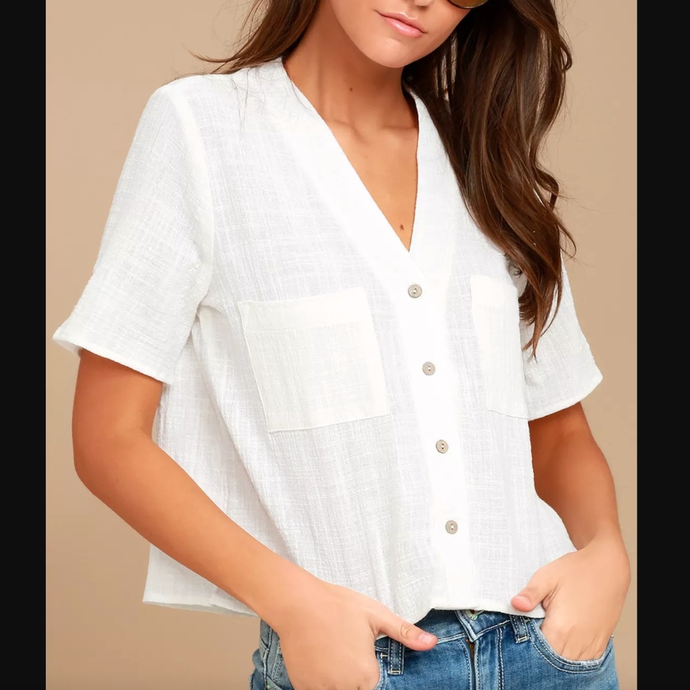Lulu's Lift My Spirits White Button-Up Crop Top